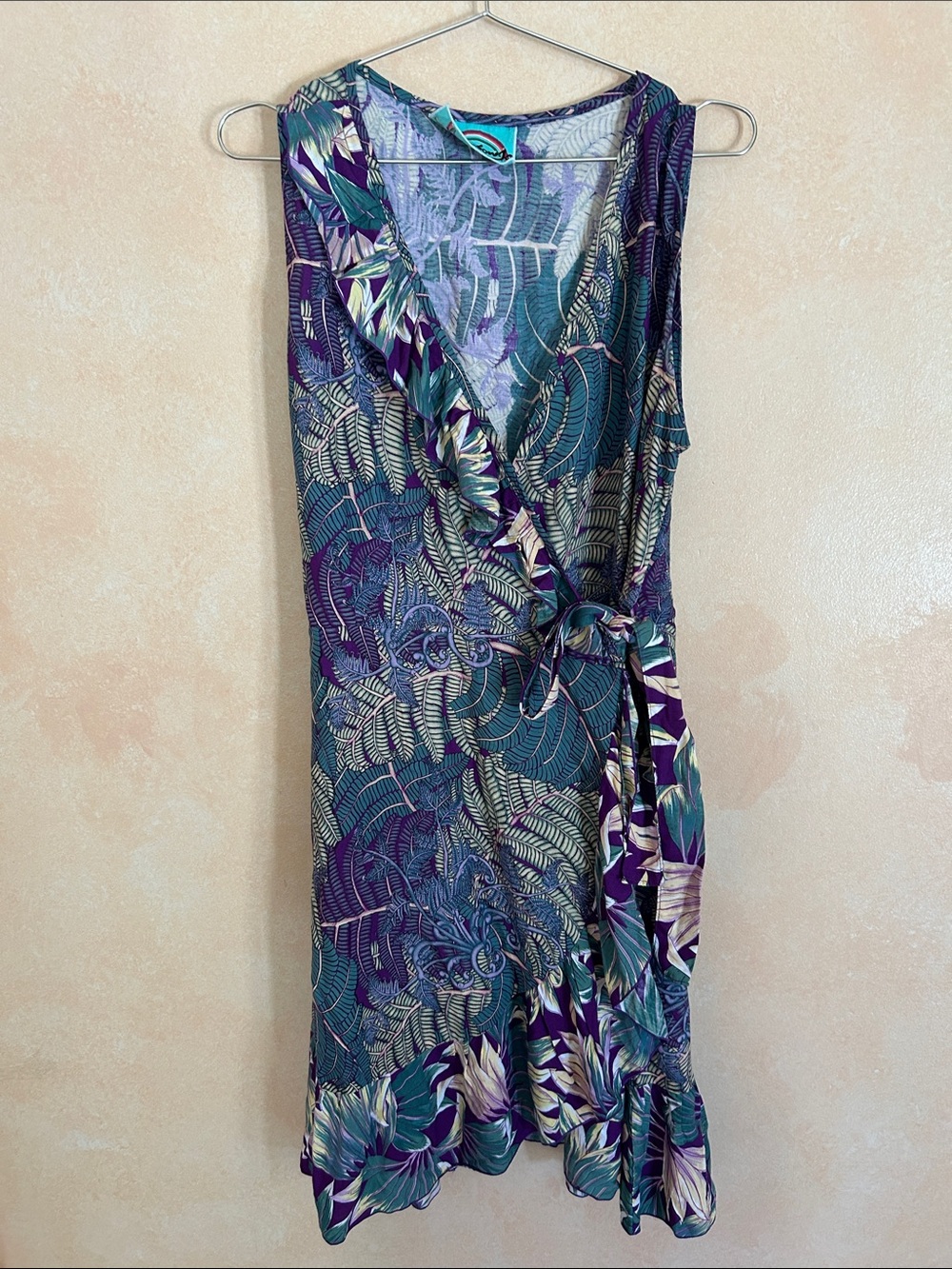 Rainbow JO Wrap dress in purple and green tropical with ruffle large